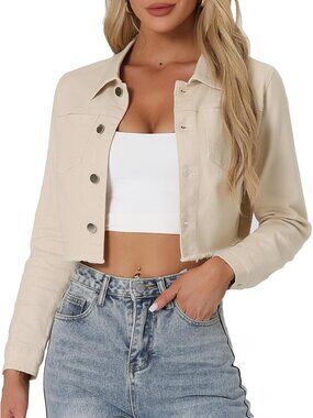 Women's Beige Cropped Frayed Hem Turndown Collar Button Up Trendy Denim Jacket